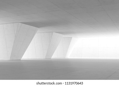 Abstract Empty Space With White Wall. Modern Blank Showroom With Floor. Future Concept. 3d Rendering.