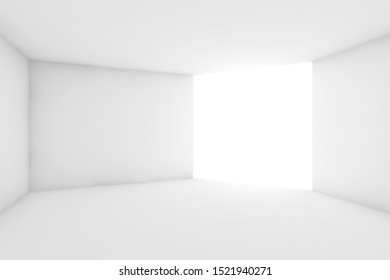 Abstract empty white interior with illuminated blank banner mounted in the corner, minimal architectural background, 3d rendering illustration
