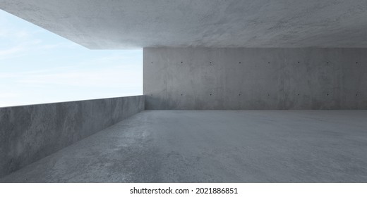 Abstract Empty, Wide Space Modern Concrete Room With Balcony Opening With Ocean View On The Left And Rough Floor - Industrial Interior Background Template, 3D Illustration