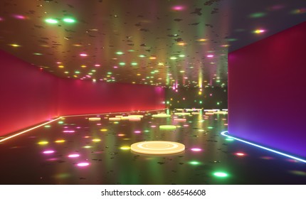 Abstract entertainment space with multiple lighting spots and disk plates. 3d rendering illustration