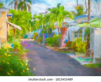 Abstract Of Entrance To A Trailer Park On A Barrier Island In West Central Florida, With Digital Impasto Effect. 3D Rendering.