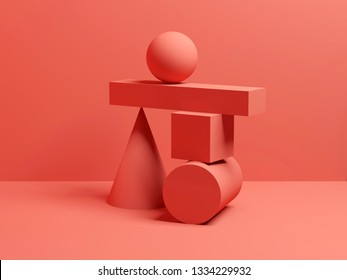 Abstract Equilibrium Red Digital Still Life Installation With Primitive Geometric Shapes. 3d Render Illustration