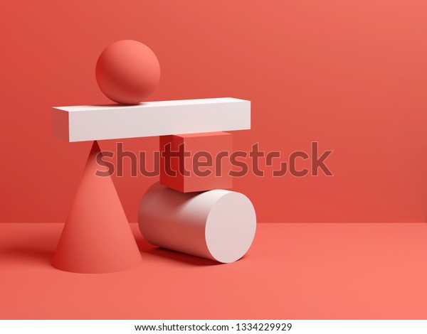 Abstract\
equilibrium still life installation with red and white primitive\
geometric shapes. 3d render\
illustration