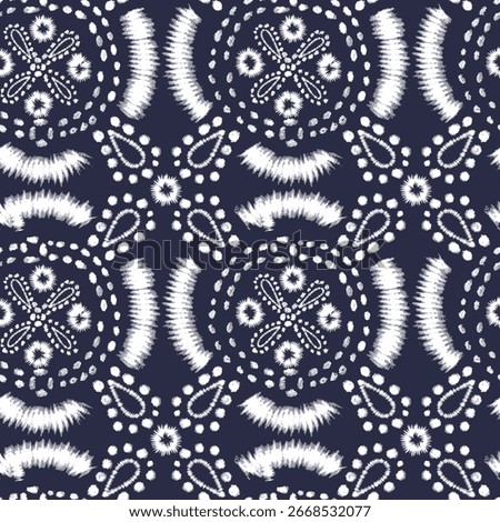 Abstract ethnic textile pattern seamless repetition with indigo and white mandala and paisley motifs