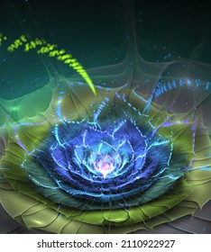 Abstract exotic flower, fantasy fractal design. Digital art. 3D rendering. Sacred lotus flower of music spheres - fairy spiritual world.