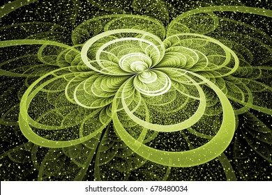 Abstract exotic green flower with shining sparks on black background. Fantastic fractal design. Psychedelic digital art. 3D rendering.