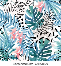 Abstract exotic leaves seamless pattern. Hand drawn tropical summer background: watercolor leaves, leaf contours drawings, silhouette, marble textures, brush stroke, dots. Watercolour art illustration
