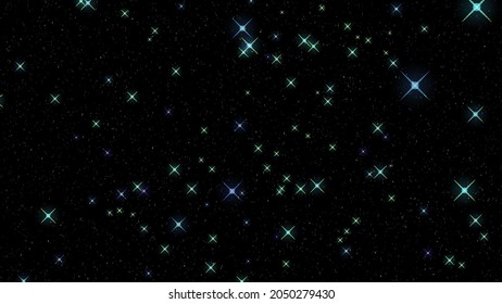 An abstract exploration of the galaxy through outer space to glowing and twinkling stars against the backdrop of falling bright particles. Close-up. 4K animation of . 3D. Isolated black background.