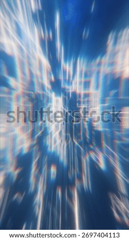Abstract explosion of colorful light rays and digital grid lines creating a futuristic data tunnel effect.
