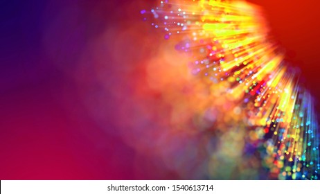 Abstract explosion of multicolored shiny particles or light rays like laser show. 3d render abstract beautiful background with light rays colorful glowing particles, depth of field, bokeh.
