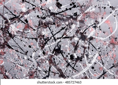 Abstract Expressionism Pattern. Style Of Drip Painting. Black, Red And White Paint.