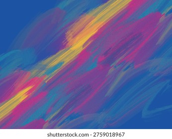 Abstract expressionist artwork featuring vibrant, diagonal brushstrokes in shades of pink, yellow, and blue against a rich blue background. Broad, sweeping strokes convey dynamic movement and energy, with colors blending at intersections. The layering of hues creates a sense of depth and texture, characteristic of modern abstract art, inviting varied interpretations.

