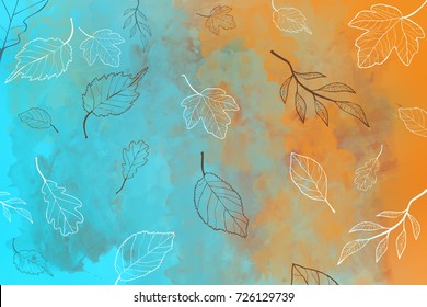 Abstract Fall Autumn Background With Orange Blue Colors And Drawings Of Leaves.