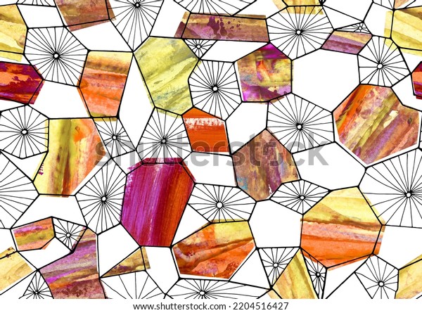 Abstract fall colors seamless pattern on a white background. The yellow, green, purple, white, and black endless backdrop for wallpaper, fabric, or wrapping paper. Morden mosaic art. Geometrical shape