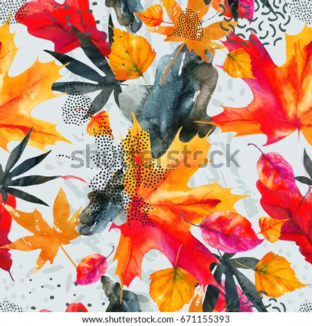 Abstract fall seamless pattern in bright autumn colors. Watercolor graphic painting of falling leaves, ink doodle, grunge textures. Floral background for fall design. Hand drawn illustration