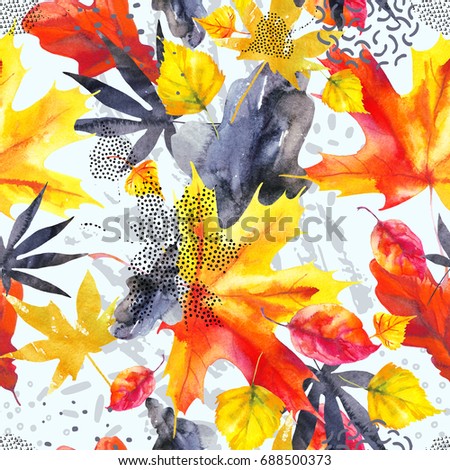 Abstract fall seamless pattern in bright autumn colors. Watercolor graphic painting of falling leaves, ink doodle, grunge textures. Floral background for fall design. Hand drawn illustration