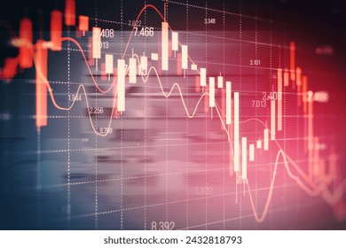 Abstract falling red forex candlestick chart on blurry background. Global economic recession, stock market crash, inflation concept. 3D Rendering