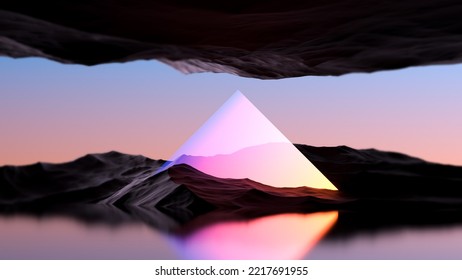 The Abstract Fantasy Landscape Of Mountains And Glowing Screen. Futuristic Landscape Rock Formation And Neon Light. 3D Render.