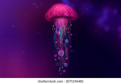 Abstract fantasy neon jellyfish black background  Marine jellyfish  colorful neon  3D illustration  