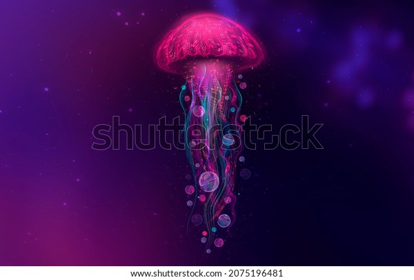 Abstract fantasy neon\
jellyfish on a black background. Marine jellyfish, colorful neon.\
3D illustration.\
