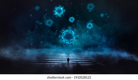 Abstract Fantasy Night Landscape With An Island, Reflected On The Water, Abstract Viruses Flying Up. Blue Neon, Night, Mountains, Landscape. Covid -19 Human Fight Against Virus, Vaccine. 3D 