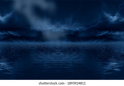 Abstract fantasy night landscape. Reflection in water, island, rocks. Futuristic shapes, neon light, lightning, thunderstorms. Dark clouds, dramatic landscape. 3D illustration.