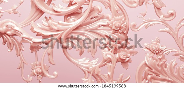 Abstract fashion background for classic luxury concept. Pink mural ornament molding. 3d rendering illustration. Clipping path of each element included.