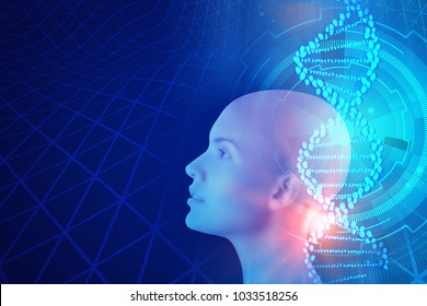 Abstract female cyborg on blue background with dna. Artificial intelligence and medicine concept. Double exposure  - Shutterstock ID 1033518256