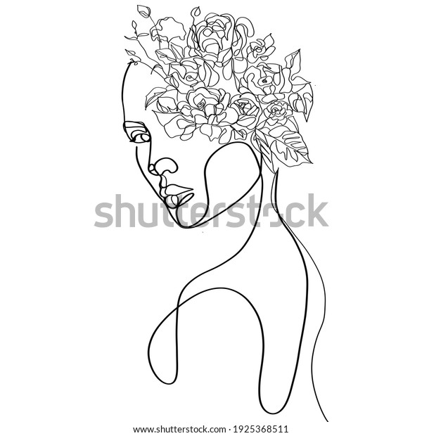 Abstract female face with\
flowers illustration. Continuous line drawing. Minimalist fashion\
portrait 
