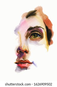 Abstract female portrait hand drawn colorful illustration. Young face part on white background. female open eyes, deep gaze, emotional expressive look aquarelle painting