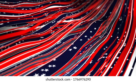 Abstract festive floating ribbons in Blue, Red, and White as canton Elements of the flag of the United States 4th of July Independence day. Stars and Stripes 3D Illustration.