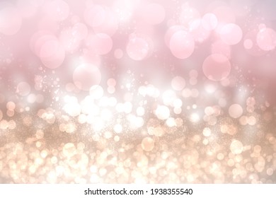 Abstract festive light brown gradient pink silver bokeh background texture with colorful circles and bokeh lights. Beautiful backdrop with space.