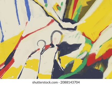 abstract field, passage people figure around, art with figurative outside art. painted image, Bright color. Figurative outside art for website, print and ads