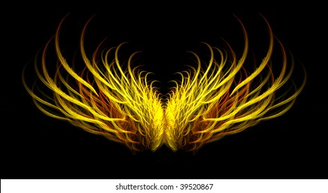 Abstract fiery mythical golden angel wing fractal isolated over black background.