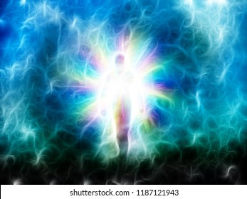 Abstract. Figure Emerges From Bright Light. 3D Rendering