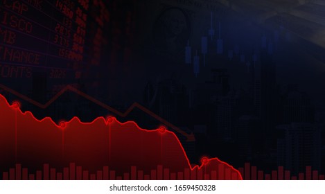 Abstract Financial Chart With Downtrend Line Graph In Stock Market On Red And Blue Candle Stick.