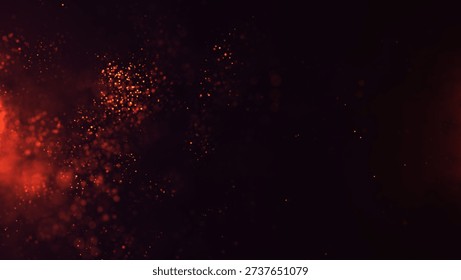 Abstract fire background of hot fire particles with smoke and haze. Fire sparks and ashes moving with the wind. Burning fire closeup. Danger, conflagration, blaze, bonfire.