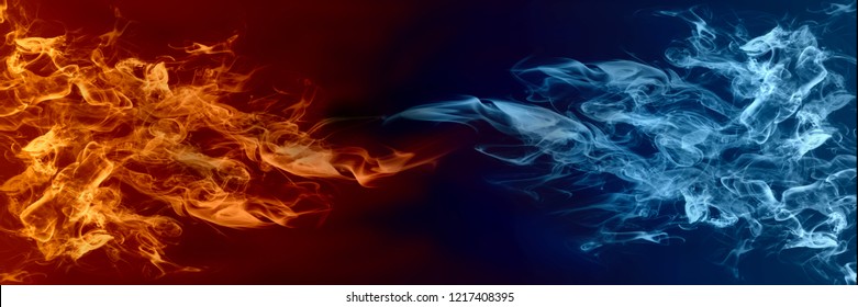 Abstract Fire and Ice element against (vs) each other background. Heat and Cold concept