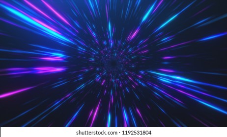 Abstract Flight In Retro Neon Hyper Warp Space In The Tunnel 3d Illustration