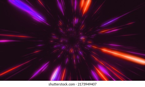 Abstract flight in retro neon hyper warp space in the tunnel 3d illustration