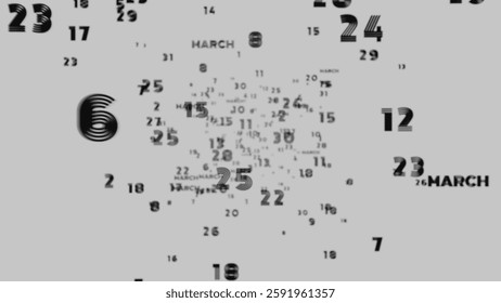 Abstract floating typography with distorted months and 2025, creating a futuristic motion blur effect.