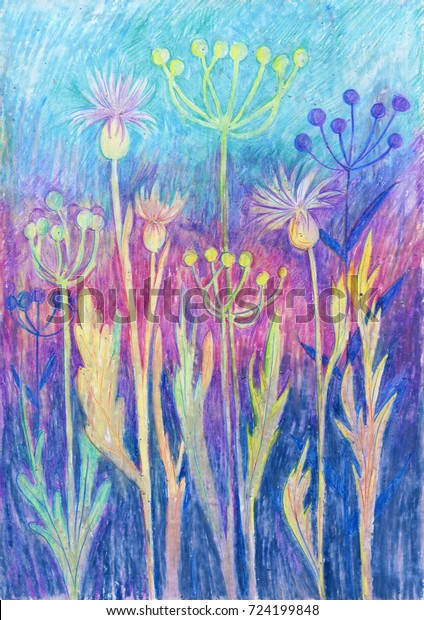 Abstract\
floral background drawing by oil pastel, vibrant color natural\
illustration with flowers at light blue\
backdrop