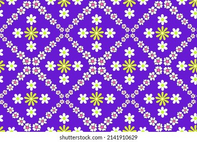 Abstract Floral Diagonal Squares Ditsy Spring Flowers Seamless Trendy Pattern Sweet Small Daisies Bright Chic Colors Perfect for Allover Print Electric Purple Background