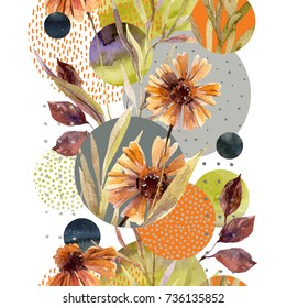 Abstract Floral And Geometric Seamless Pattern. Watercolor Flowers And Leaves, Circle Shapes Filled With Watercolour, Minimal Doodle Textures On Background. Hand Painted Illustration, Fall Design