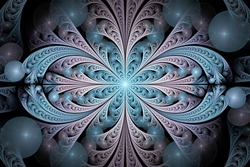 Abstract Floral Ornament On Black Background. Symmetrical Pattern. Computer-generated Fractal In Turquoise And Violet Colors.