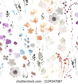 Abstract floral pattern, seamless watercolor print on white background, illustration of flowers, spots and splashes painting.