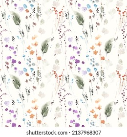 Abstract Floral Seamless Pattern With Ink Splashes, Spots And Abstract Plants, Colorful Print On Ivory Background. Watercolor Design Texture For Textile Or Wallpapers.