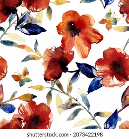 Abstract floral seamless pattern with red flowers, blue leafs isolated on white. Background with decorative poppies for printing on fabric, wallpaper, wrapping paper. Modern watercolor illustration.