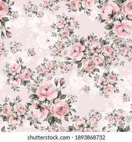 Abstract floral seamless print beautiful bouquets of roses drawn by paints with buds and foliage. Perfect print for your design and textile decoration. 