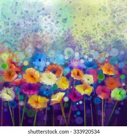 Abstract Floral Watercolor Painting. Hand Paint White, Yellow, Pink And Red Color Of Daisy- Gerbera Flowers In Soft Color On Blue- Green Color Background.Spring Flower Seasonal Nature Background